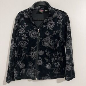 Good Fortune Black Velour Full Zip Floral Hoodie Size S Y2K Retro Streetwear Art